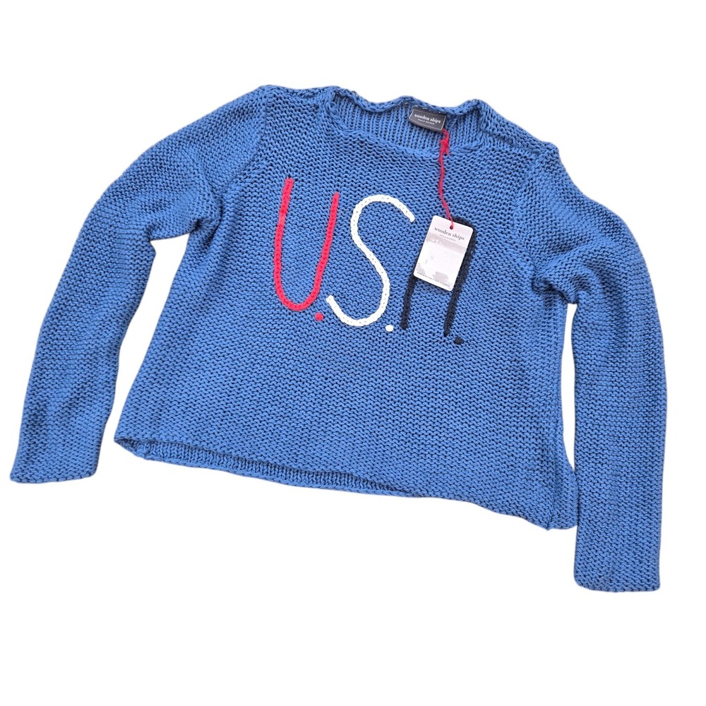 Wooden Ships Women S/M USA Sweater chunky Loose Knit Blue Patriotic Pullover NEW - Picture 3 of 9